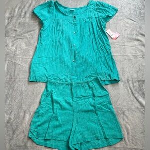 Carole Pajama Set Medium NWT Crinkle Gauze Teal Top And Shorts
